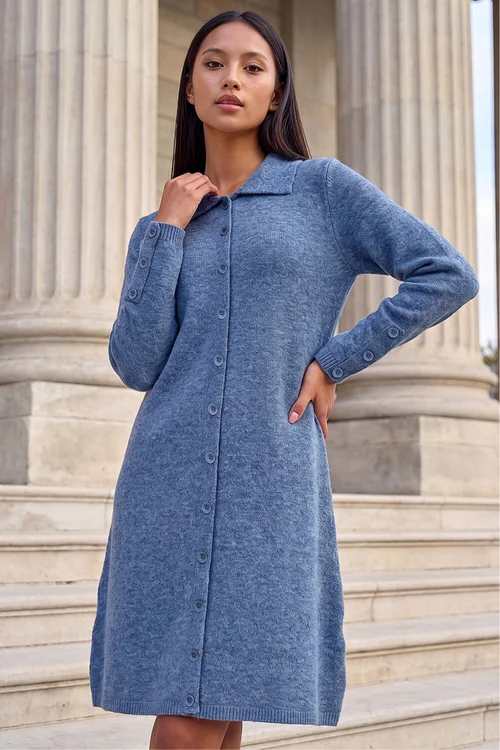 Roman Blue Petite Collared Knit Shift Dress - 8 Image 3