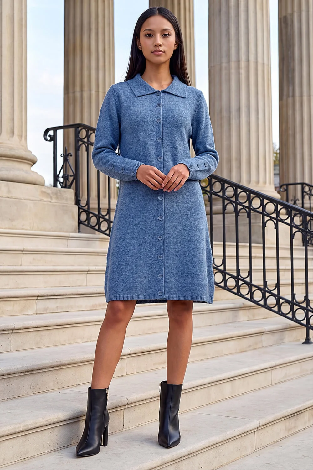Roman Blue Petite Collared Knit Shift Dress - 8 Image 1