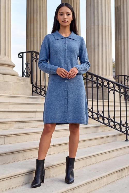 Roman Blue Petite Collared Knit Shift Dress - 8 Image 1