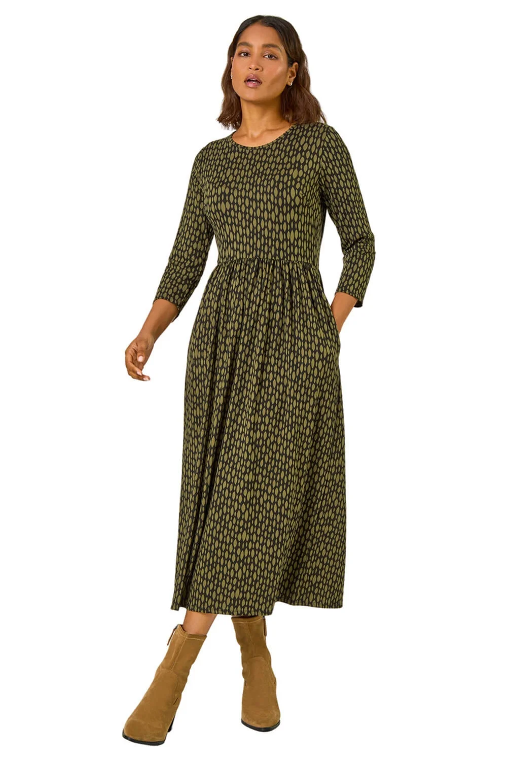 Roman Khaki Geometric Pocket Stretch Midi Dress - 16 Image 2