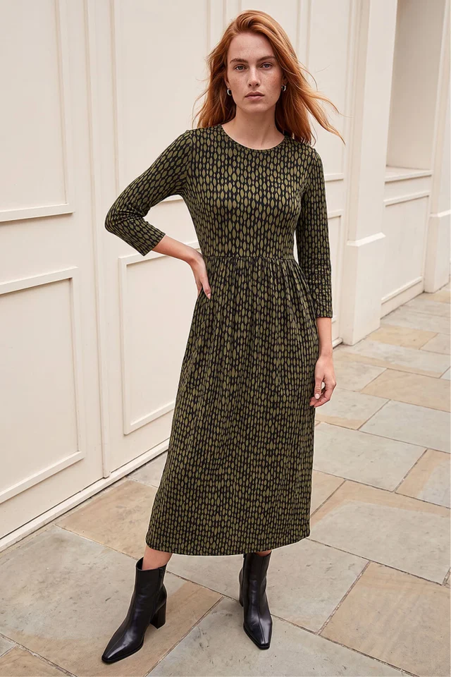 Roman Khaki Geometric Pocket Stretch Midi Dress