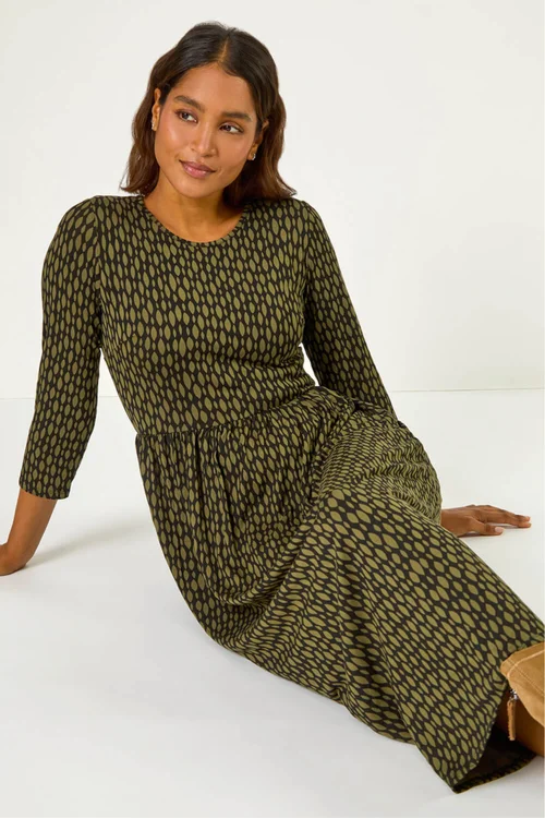 Roman Khaki Geometric Pocket Stretch Midi Dress - 16 Image 3