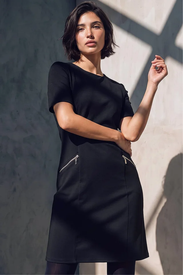Roman Black Petite Zip Detail Pocket Shift Dress