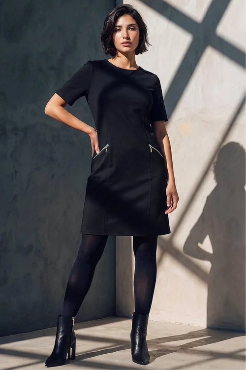 Roman Black Petite Zip Detail Pocket Shift Dress - 16 Image 2