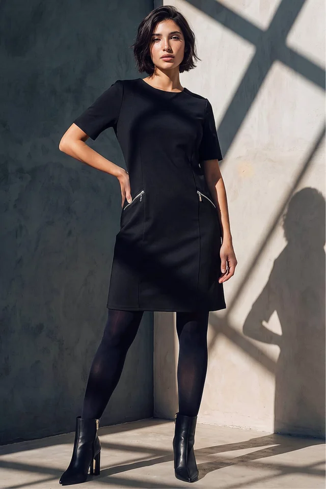 Roman Black Petite Zip Detail Pocket Shift Dress