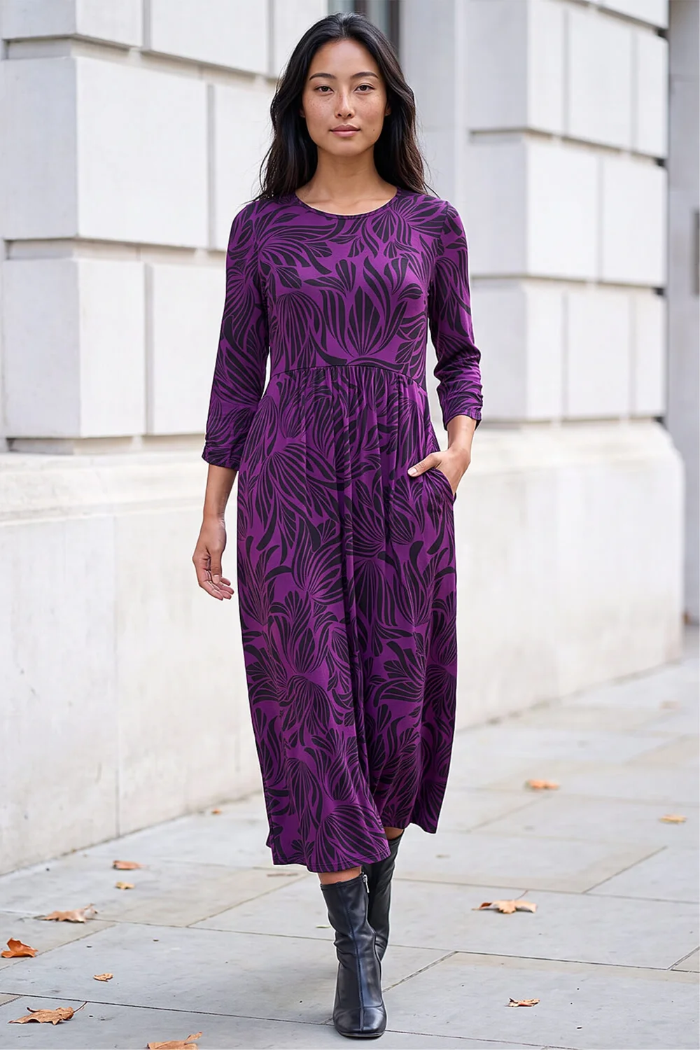 Roman Magenta Petite Swirl Print Stretch Midi Dress - 18 Image 2