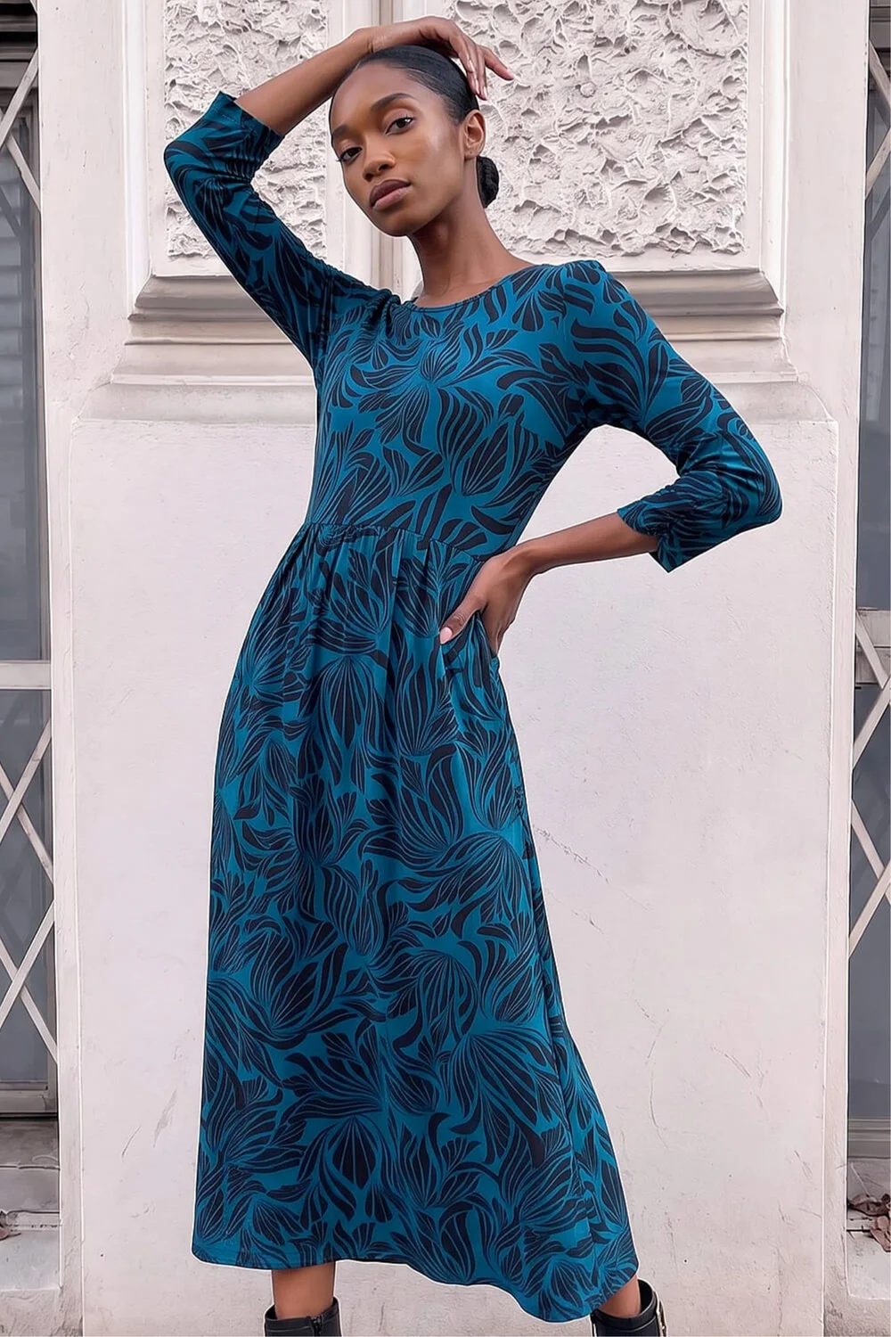 Roman Teal Petite Swirl Print Stretch Midi Dress - 12 Image 1