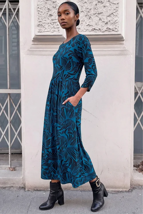 Roman Teal Petite Swirl Print Stretch Midi Dress - 12 Image 2