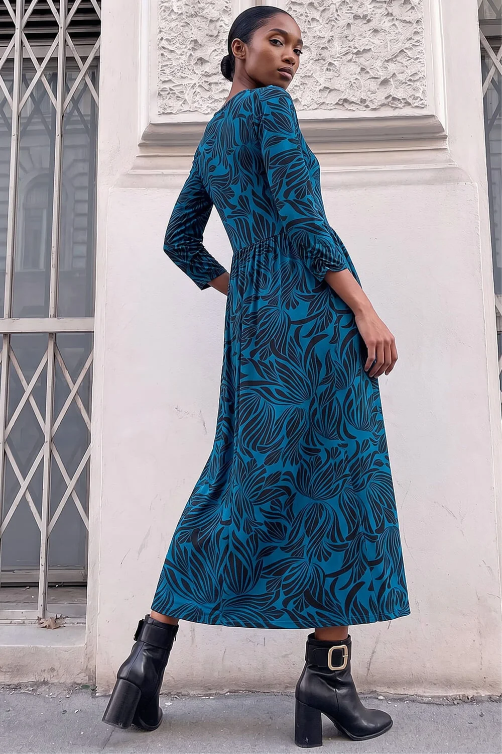 Roman Teal Petite Swirl Print Stretch Midi Dress - 12 Image 3