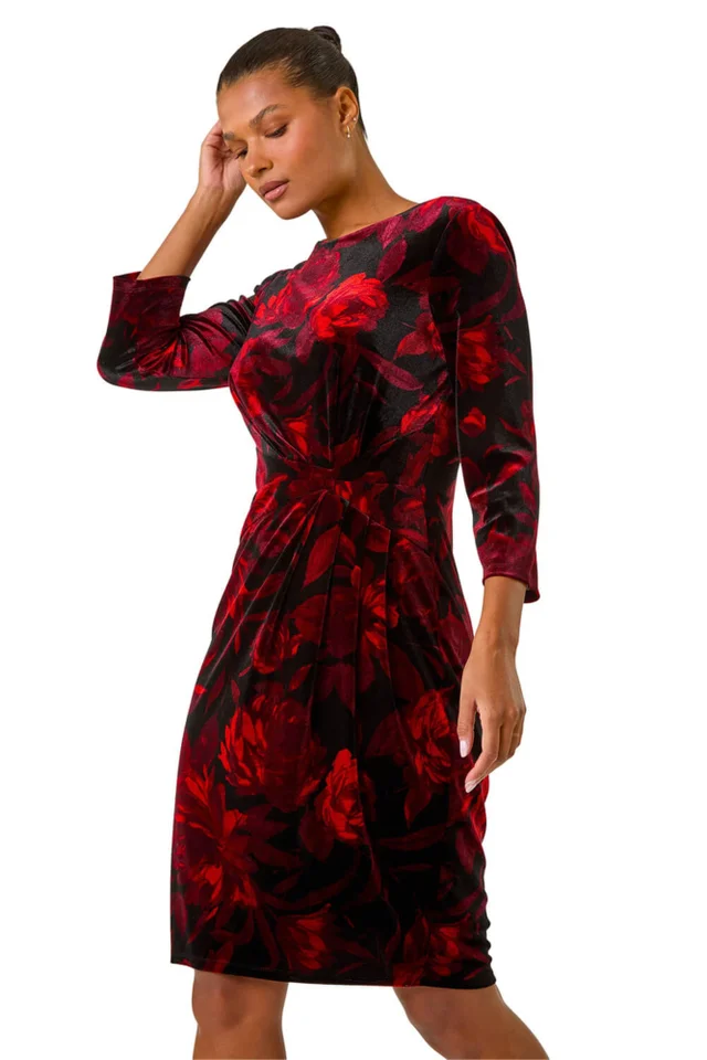 Roman Red Velvet Rose Print Side Twist Shift Dress