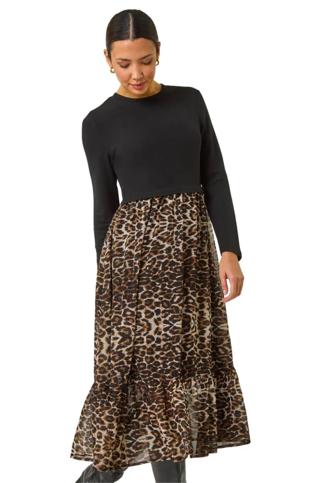 Roman Beige 2 in 1 Animal Print Stretch Midi Dress