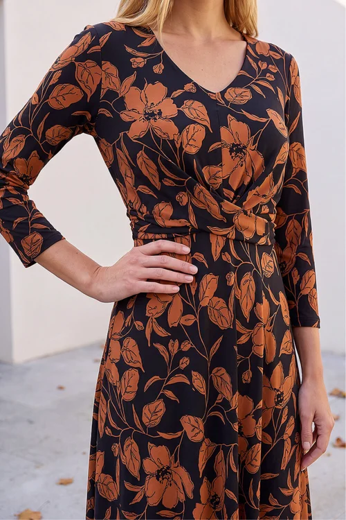 Roman Tan Leaf Print Wrap Midi Dress - 12 Image 3