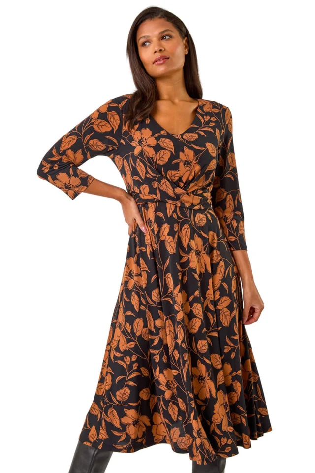 Roman Tan Leaf Print Wrap Midi Dress