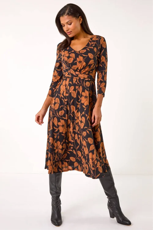 Roman Tan Leaf Print Wrap Midi Dress - Size 12 Image 4