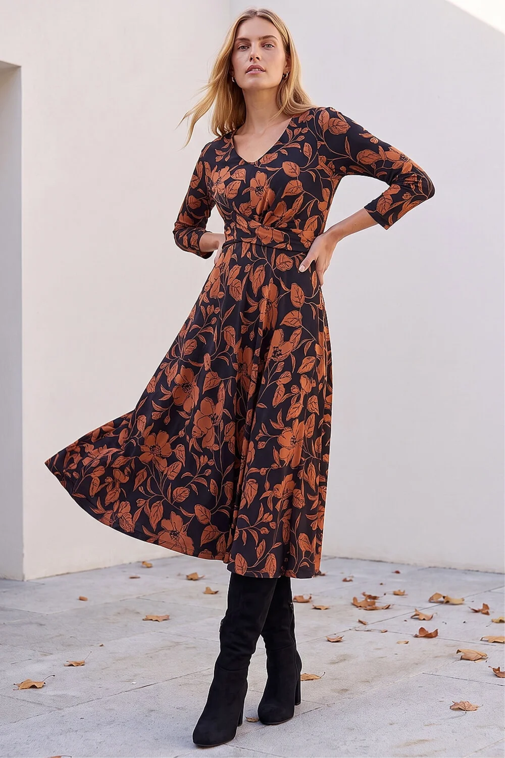 Roman Tan Leaf Print Wrap Midi Dress - 12 Image 4