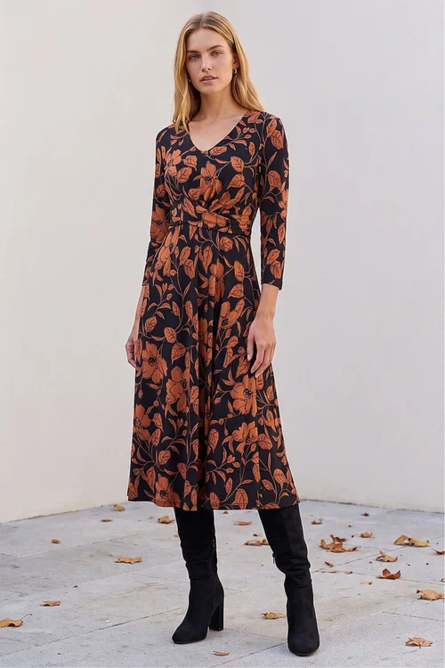 Roman Tan Leaf Print Wrap Midi Dress - 12 Image 1