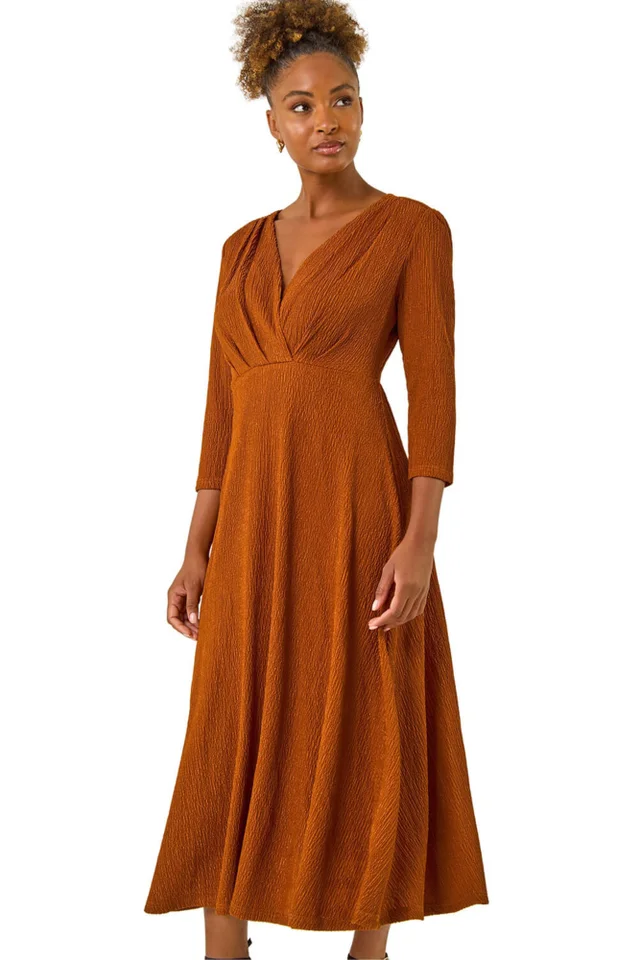 Roman Copper Textured Wrap Midi Dress