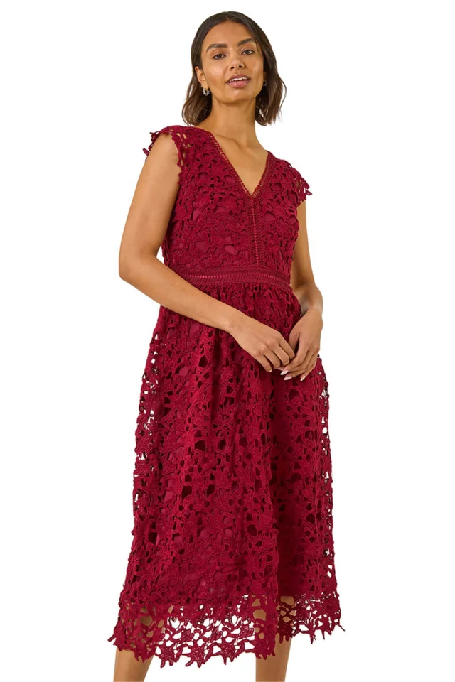 Roman Burgundy Premium Crochet Lace Midi Dress
