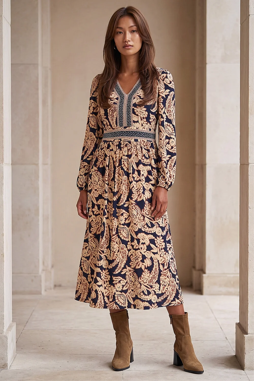 Roman Tan Floral Border Print Midi Dress - 18 Image 1