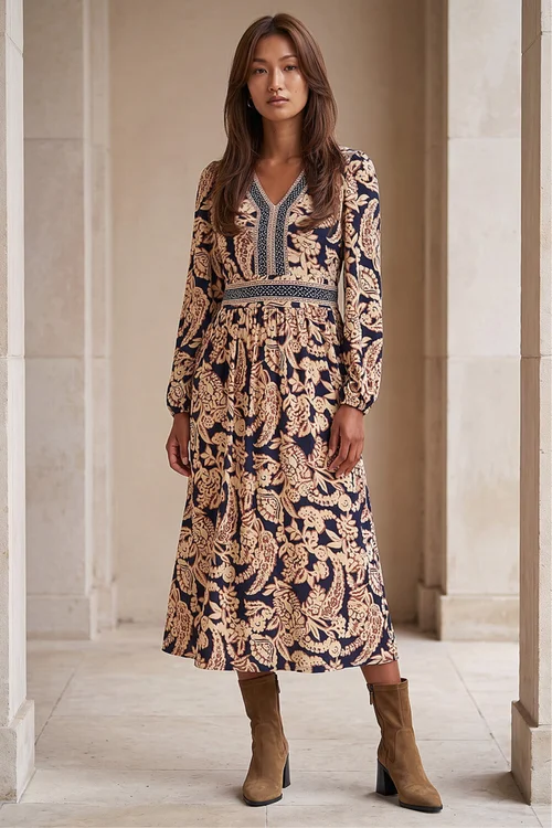 Roman Tan Floral Border Print Midi Dress - 18 Image 1