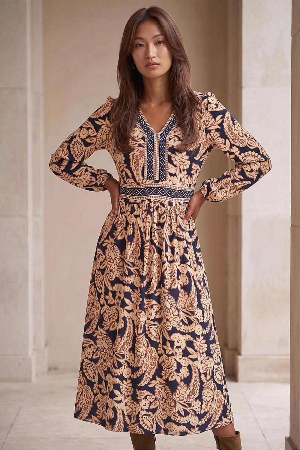 Roman Tan Floral Border Print Midi Dress - 18 Image 2