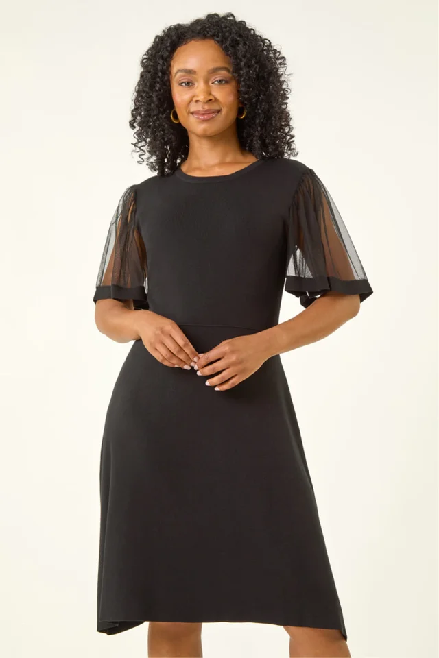 Roman Black Petite Knitted Mesh Dress