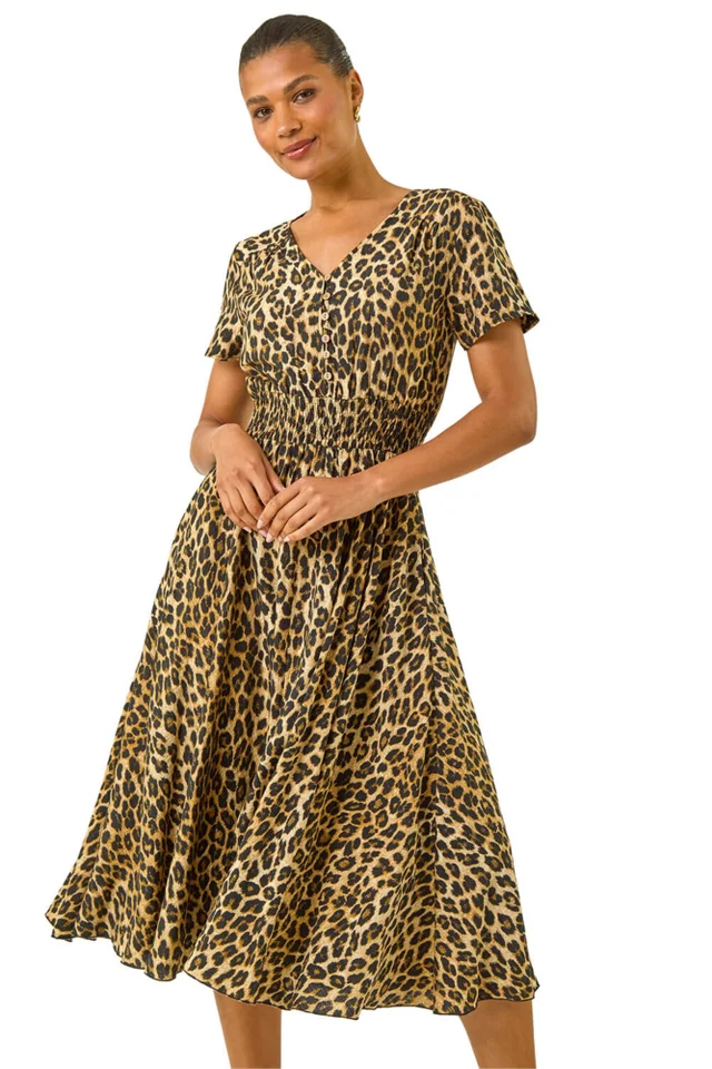 Roman Tan Animal Print Shirred Midi Dress