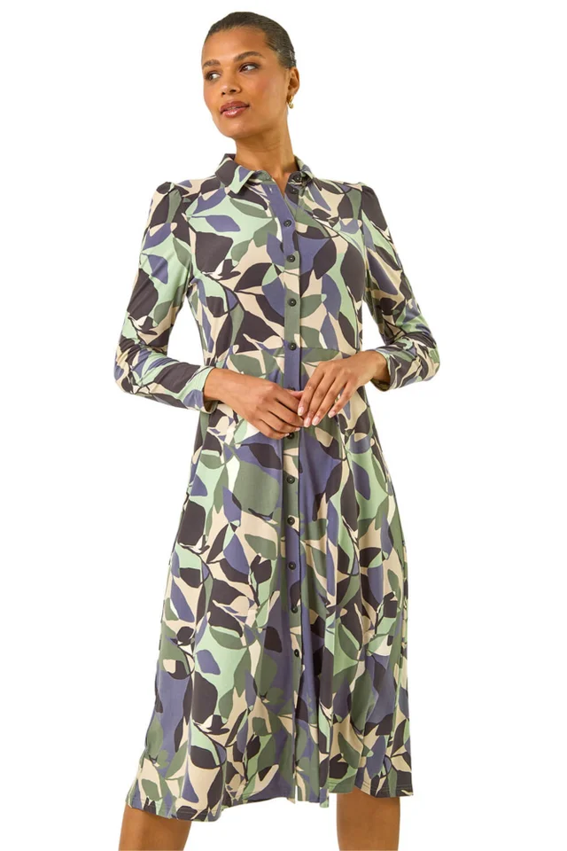 Roman Purple Abstract Leaf Print Shirt Dress