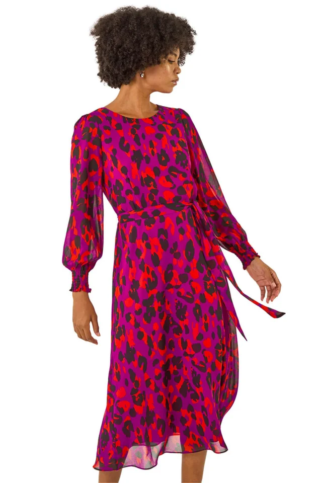 Roman Magenta Animal Print Shirred Midi Dress