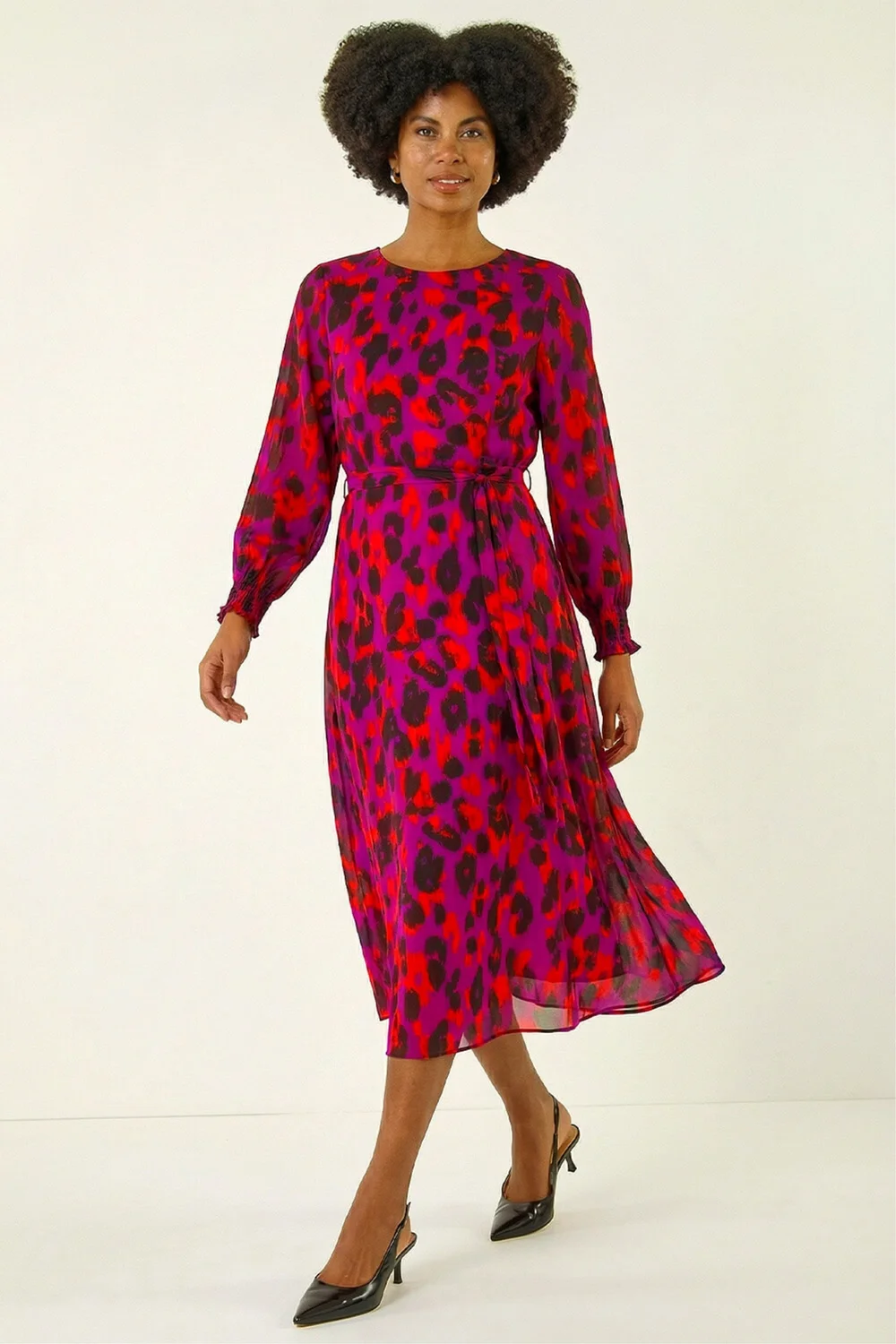 Roman Magenta Animal Print Shirred Midi Dress - 16 Image 2