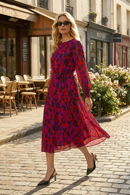 Roman Magenta Animal Print Shirred Midi Dress - 16 Image 1