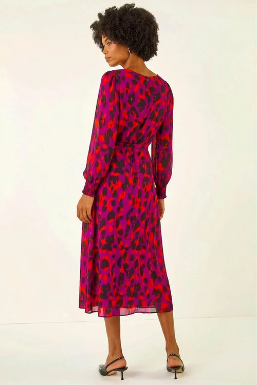 Roman Magenta Animal Print Shirred Midi Dress - 16 Image 4