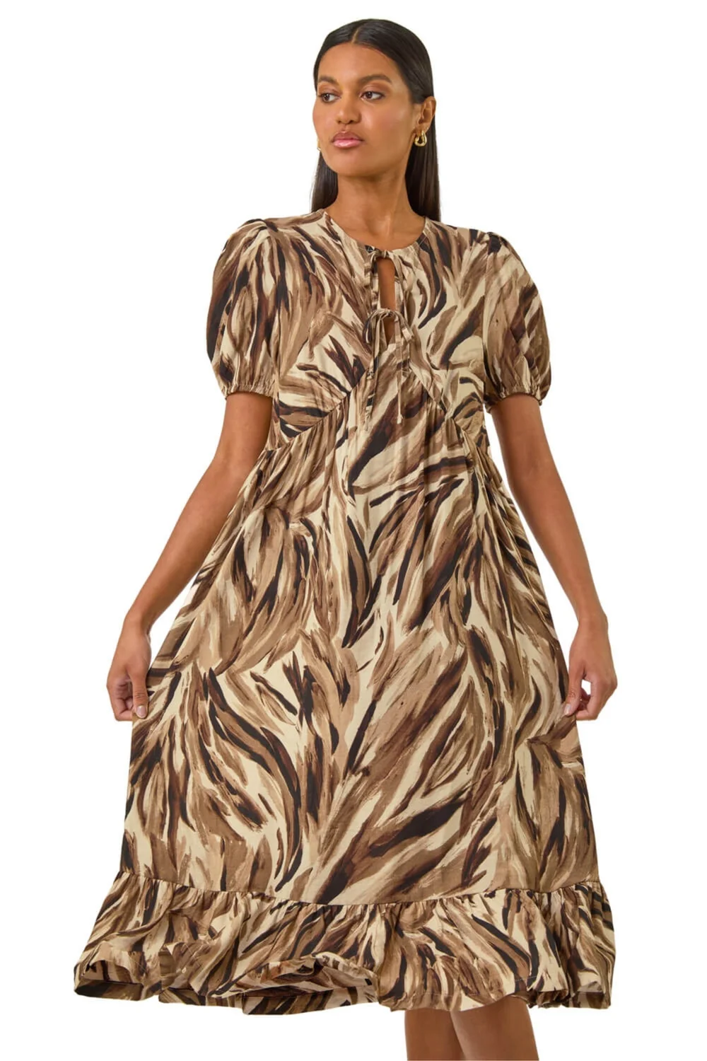 Roman Tan Abstract Print Tie Front Smock Dress - 18 Image 1
