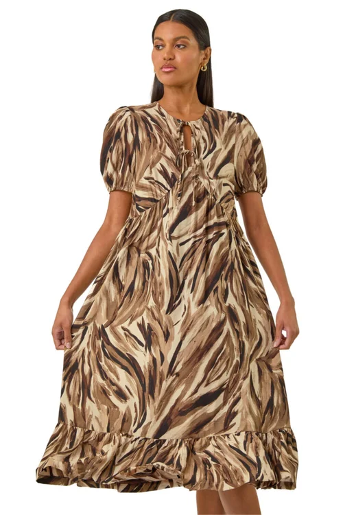 Roman Tan Abstract Print Tie Front Smock Dress - 18 Image 1