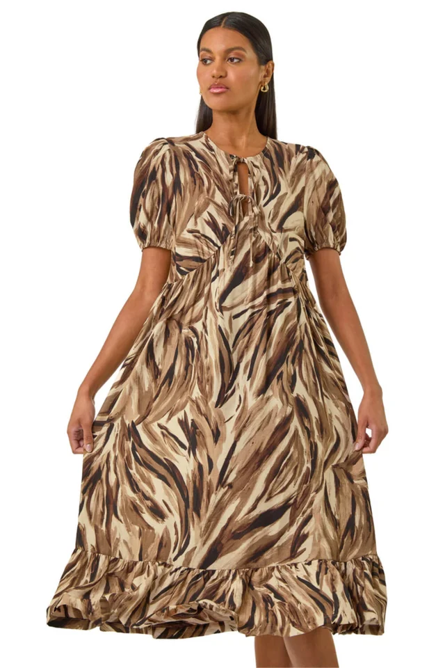 Roman Tan Abstract Print Tie Front Smock Dress