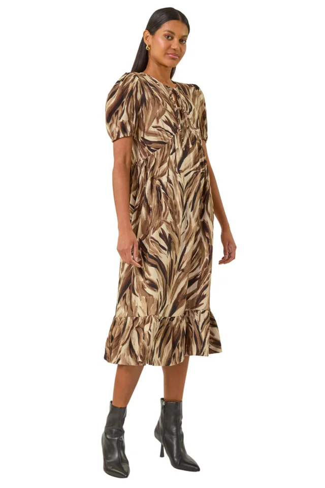 Roman Tan Abstract Print Tie Front Smock Dress