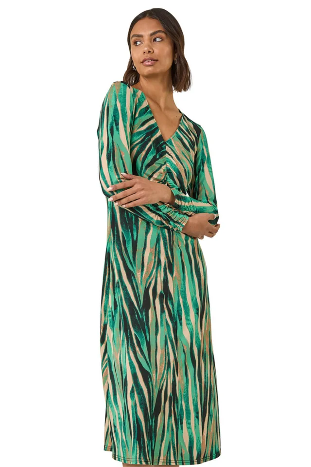 Roman Green Abstract Print Ruched Midi Stretch Dress