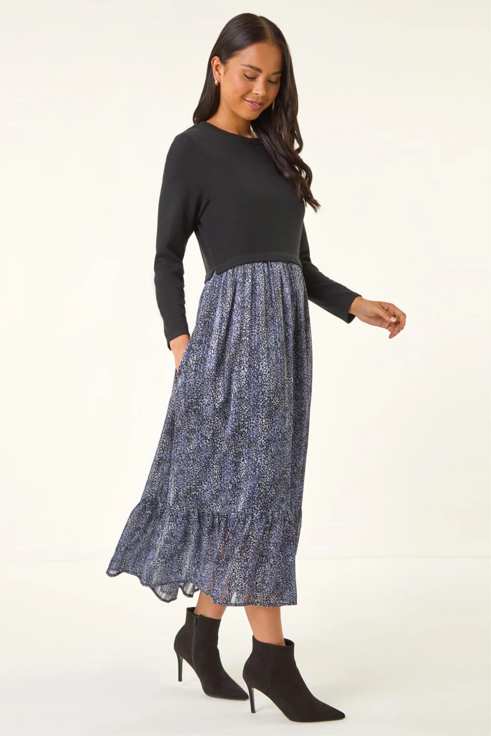 Roman Black Petite Contrast Tiered Midi Dress - 16 Image 1