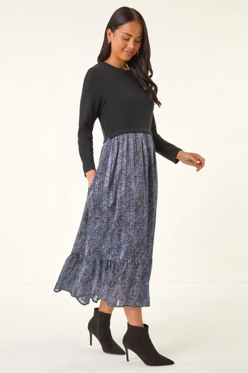 Roman Black Petite Contrast Tiered Midi Dress - 16 Image 1