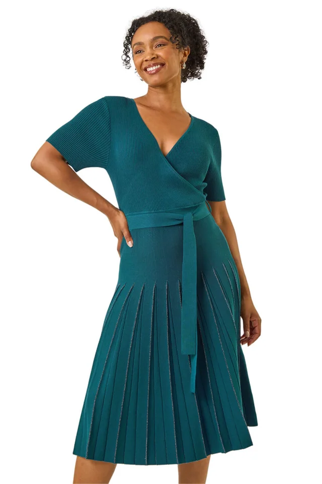 Roman Teal Petite Tie Waist Knitted Dress