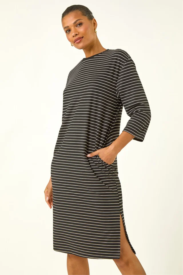 Roman Black Stripe Jersey Stretch T-Shirt Dress