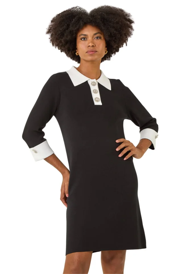 Roman Black Knitted Sparkle Button Dress