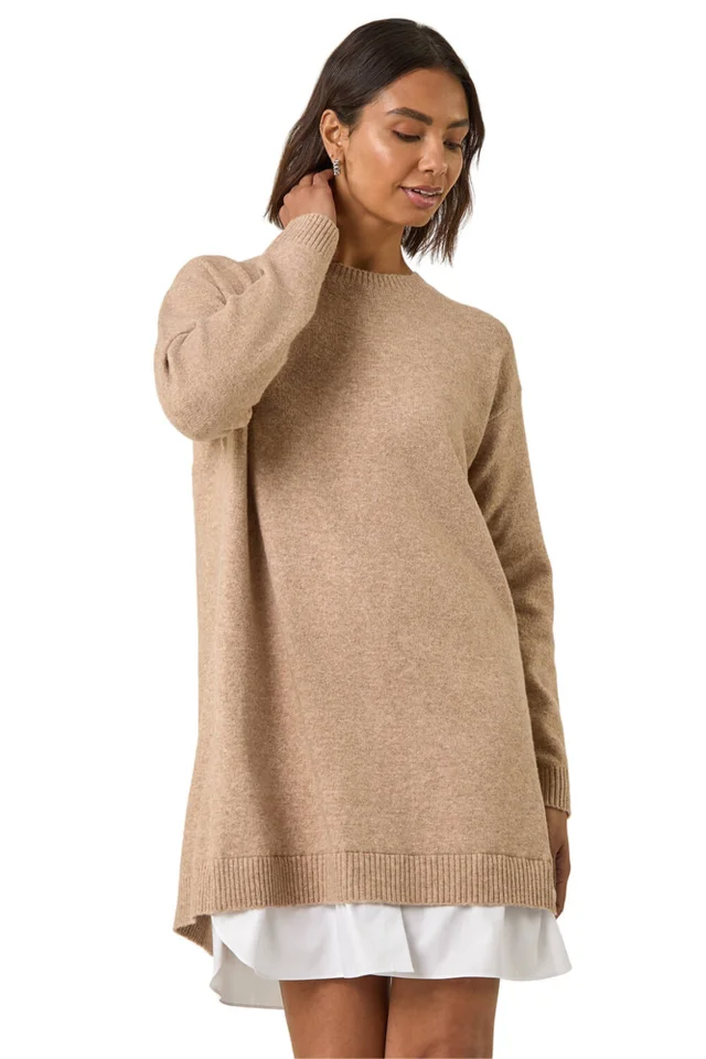 Roman Natural Mock Shirt Knitted Dress