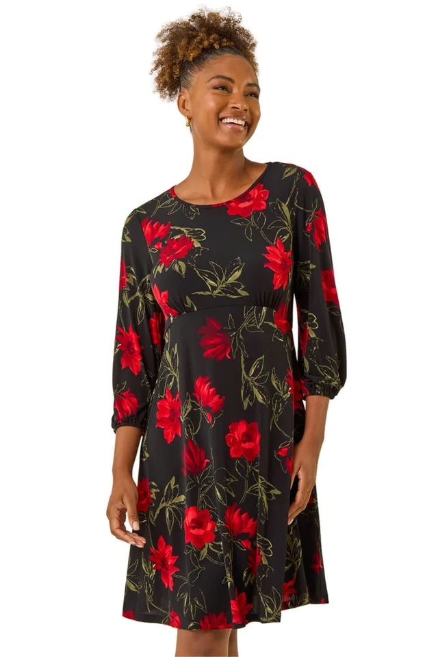 Roman Red Floral Print Stretch Dress