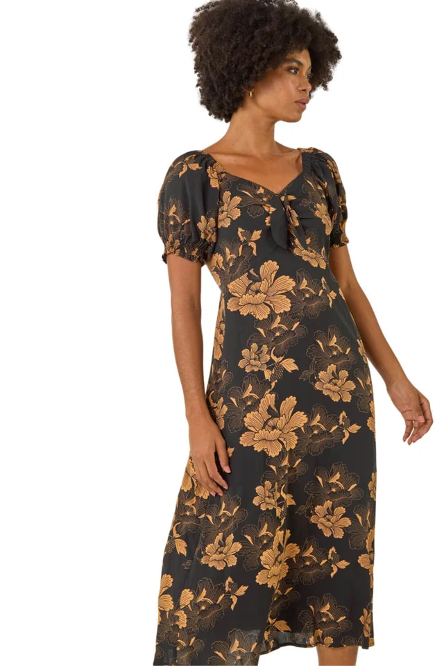 Roman Amber Floral Print Ruched Midi Dress