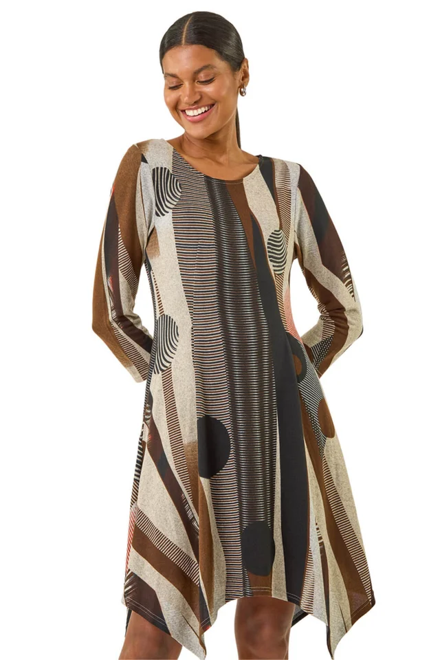 Roman Tan Geo Print Hanky Hem Stretch Dress