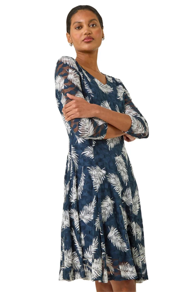 Roman Teal Leaf Print Lace Stretch Dress