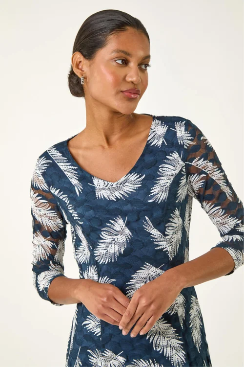 Roman Teal Leaf Print Lace Stretch Dress - Size 16 Clothing Image 4