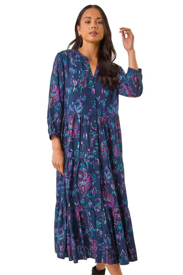 Roman Navy Petite Abstract Print Frill Dress