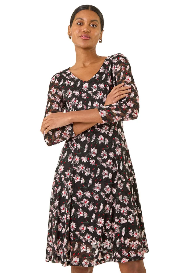 Roman Red Floral Print Lace Stretch Dress